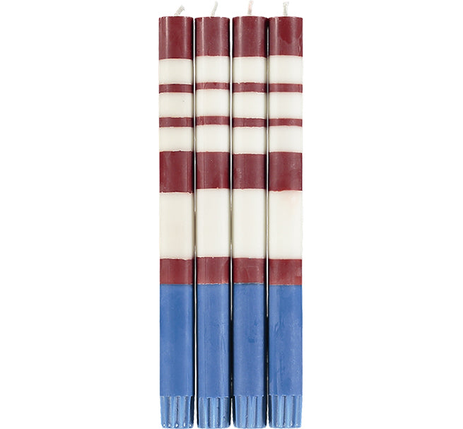 Striped Guardsman Red, Royal Blue and Pearl White Eco Dinner Candles - 4 Pack